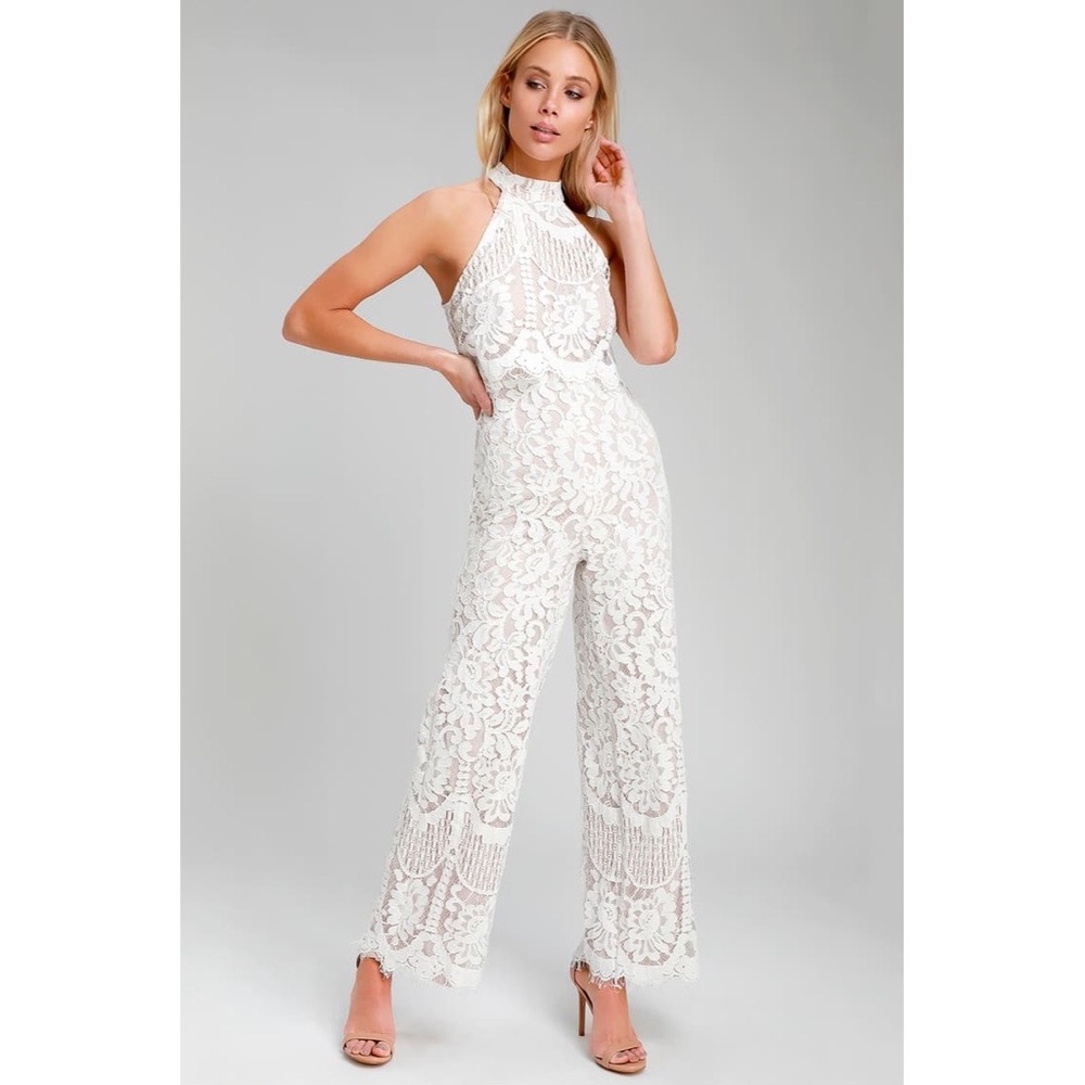 Lulus White Lace Britney Halter Jumpsuit Size S